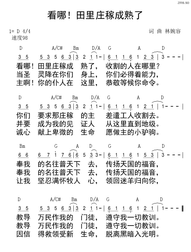《看哪！田里庄稼成熟了 和弦简谱  》