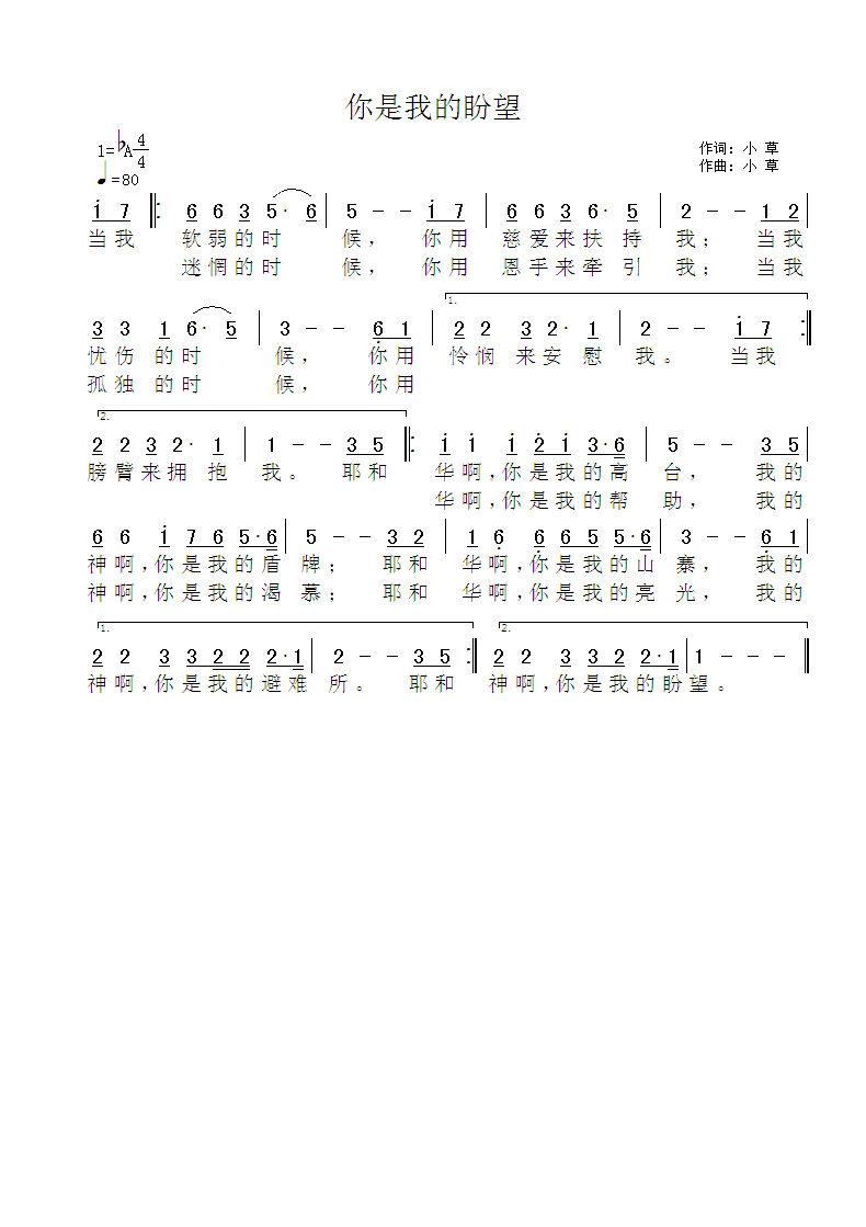 《你是我的盼望 官方简谱》